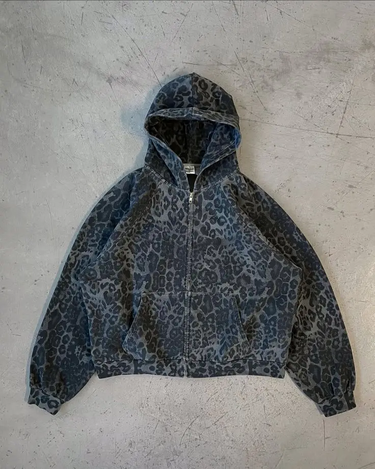 Vintage Zip Hoodie - Moletom com Zíper Estampado de Leopardo