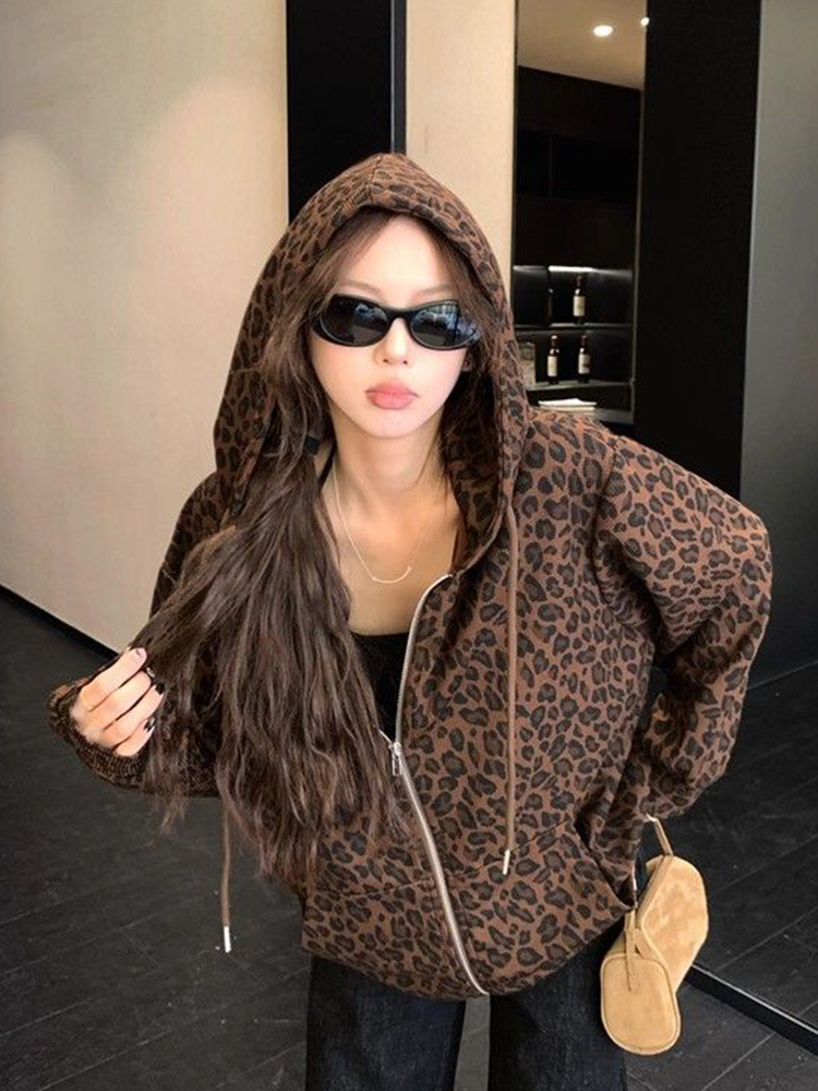 Mulheres y2k leopardo hoodies  - Vintage Zip Hoodie avaliação e preço