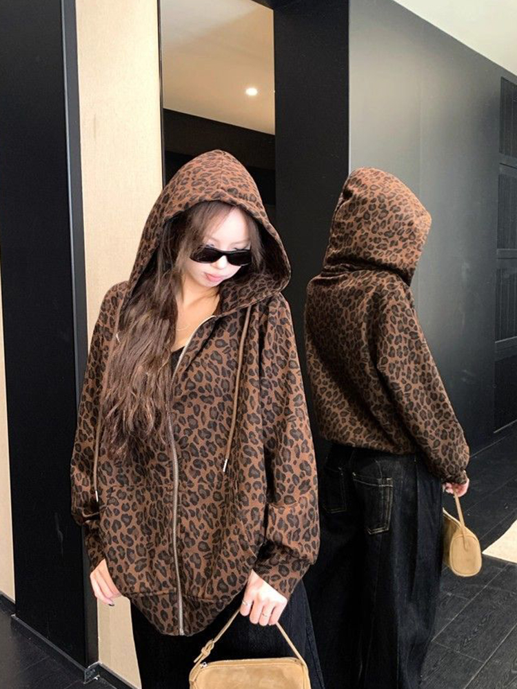 Mulheres y2k leopardo hoodies  - Vintage Zip Hoodie avaliação e preço