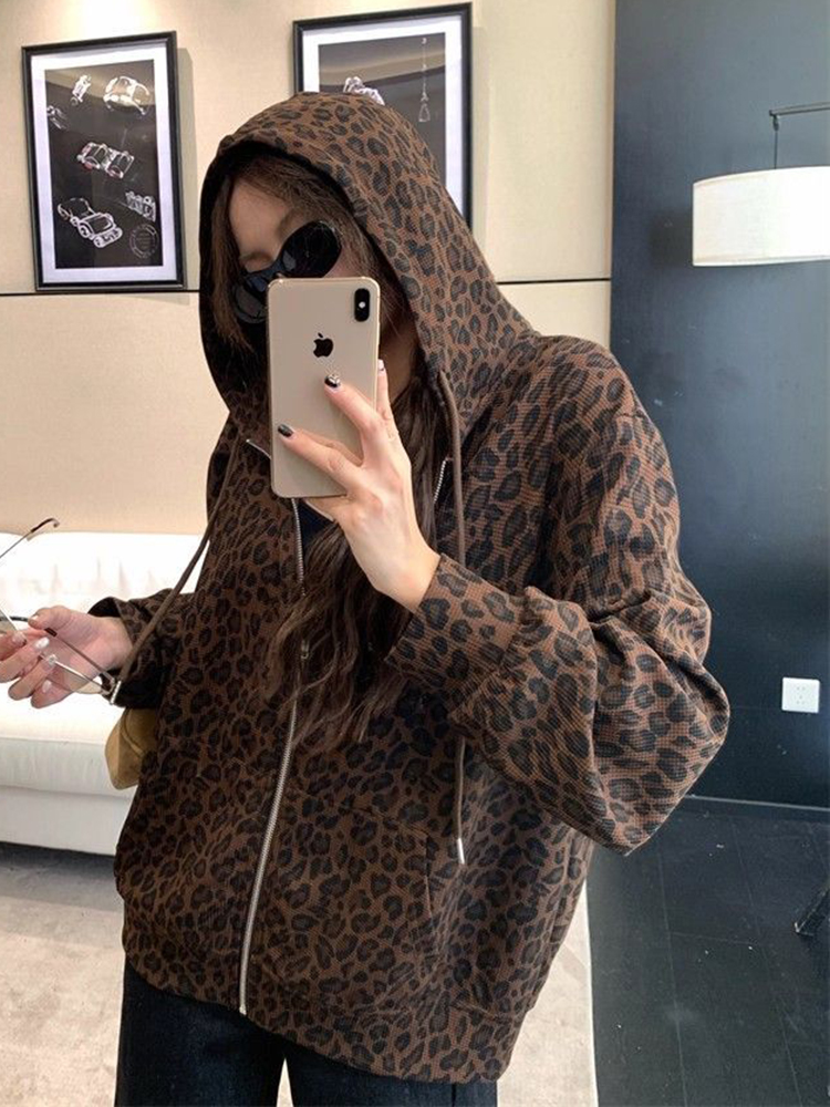 Mulheres y2k leopardo hoodies  - Vintage Zip Hoodie avaliação e preço