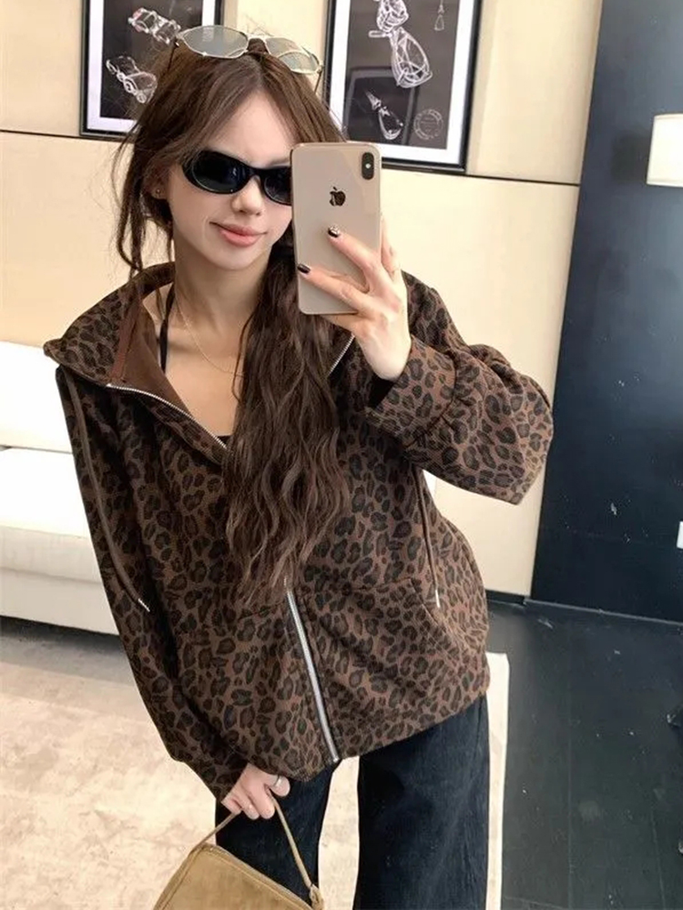 Mulheres y2k leopardo hoodies  - Vintage Zip Hoodie avaliação e preço